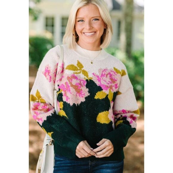 Entro Boutique In This Case Hunter Green Floral SweaterWomen's Size Large - Picture 1 of 9
